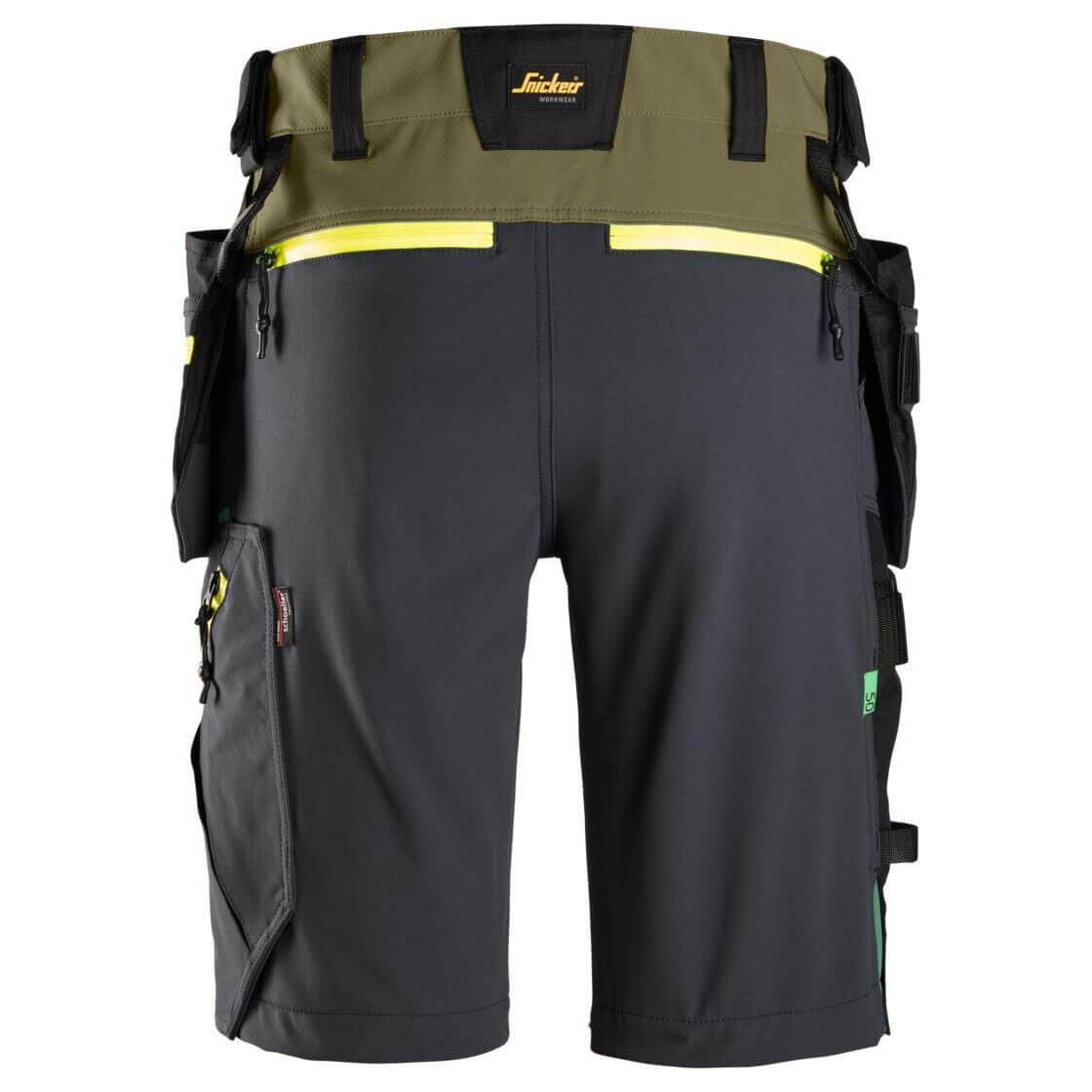 Snickers 6140 FlexiWork Slim Fit Softshell Stretch Shorts with Holster Pockets Khaki Green Grey back #colour_khaki-green-grey