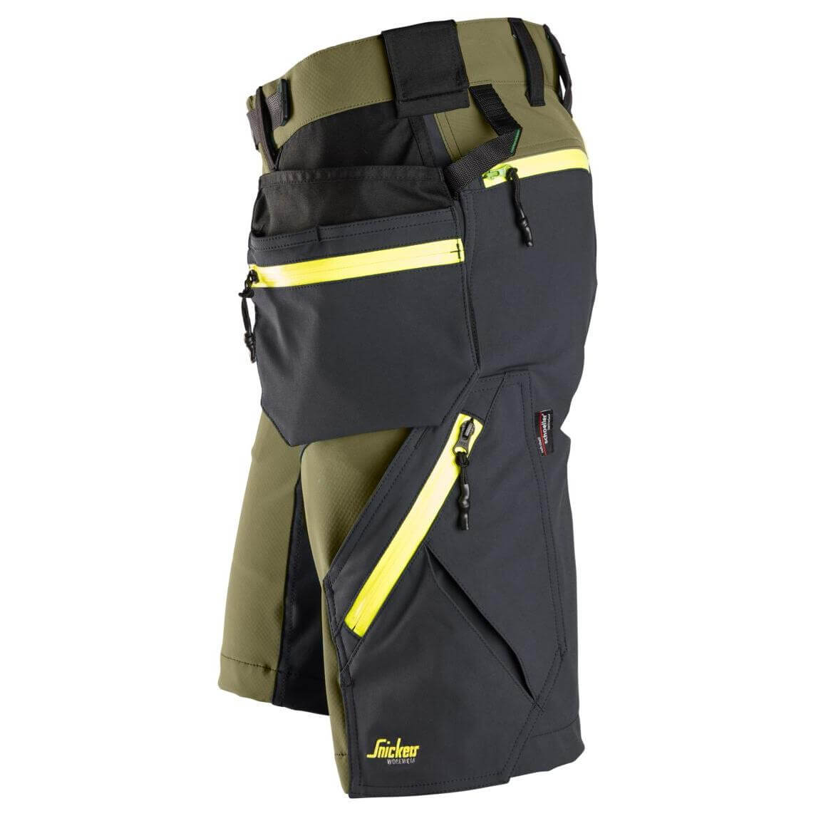 Snickers 6140 FlexiWork Slim Fit Softshell Stretch Shorts with Holster Pockets Khaki Green Grey left #colour_khaki-green-grey