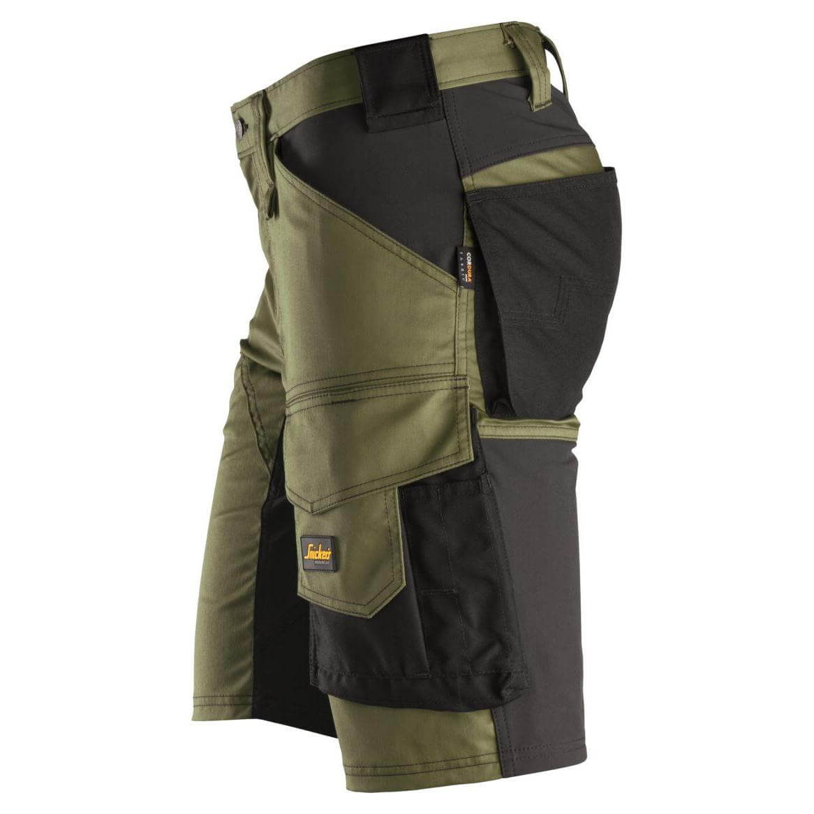 Snickers 6143 AllroundWork Slim Fit Stretch Shorts Khaki Green Black left #colour_khaki-green-black