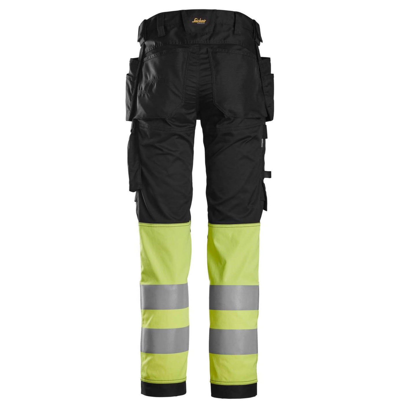 Snickers 6234 Hi Vis Slim Fit Stretch Trousers with Holster Pockets Class 1 Black Hi Vis Yellow back #colour_black-hi-vis-yellow