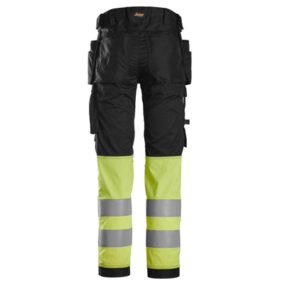 Snickers 6234 Hi Vis Slim Fit Stretch Trousers with Holster Pockets Class 1 Black Hi Vis Yellow back #colour_black-hi-vis-yellow