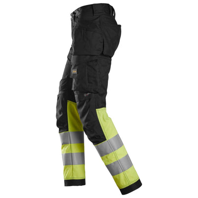 Snickers 6234 Hi Vis Slim Fit Stretch Trousers with Holster Pockets Class 1 Black Hi Vis Yellow left #colour_black-hi-vis-yellow