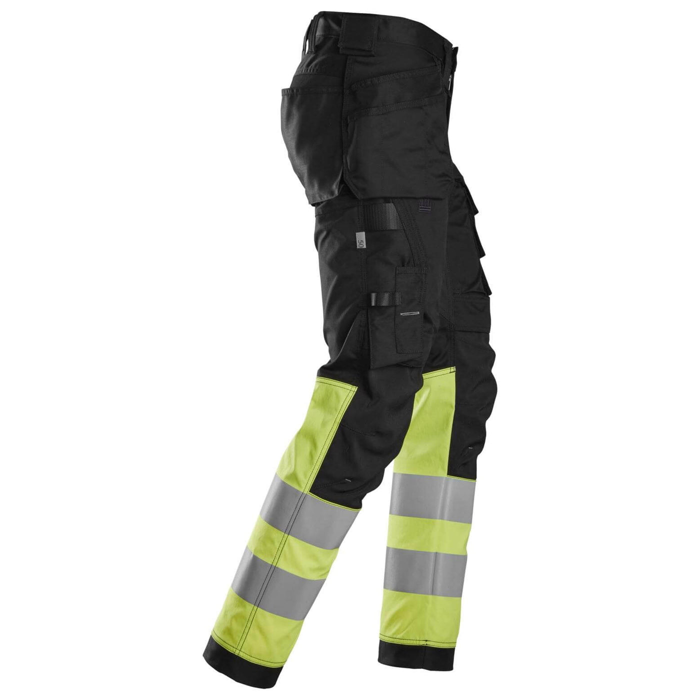 Snickers 6234 Hi Vis Slim Fit Stretch Trousers with Holster Pockets Class 1 Black Hi Vis Yellow right #colour_black-hi-vis-yellow