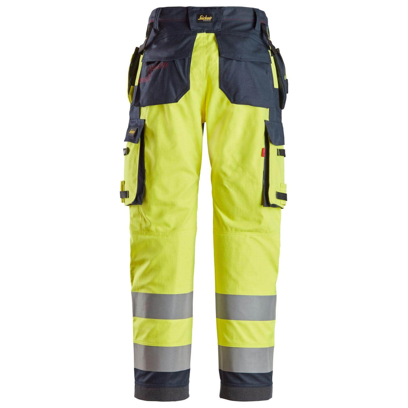 Snickers 6261 ProtecWork Hi Vis Work Trousers with Holster Pockets and Equal Leg Pockets Class 2 Hi Vis Yellow Navy Blue back3710006 #colour_hi-vis-yellow-navy-blue