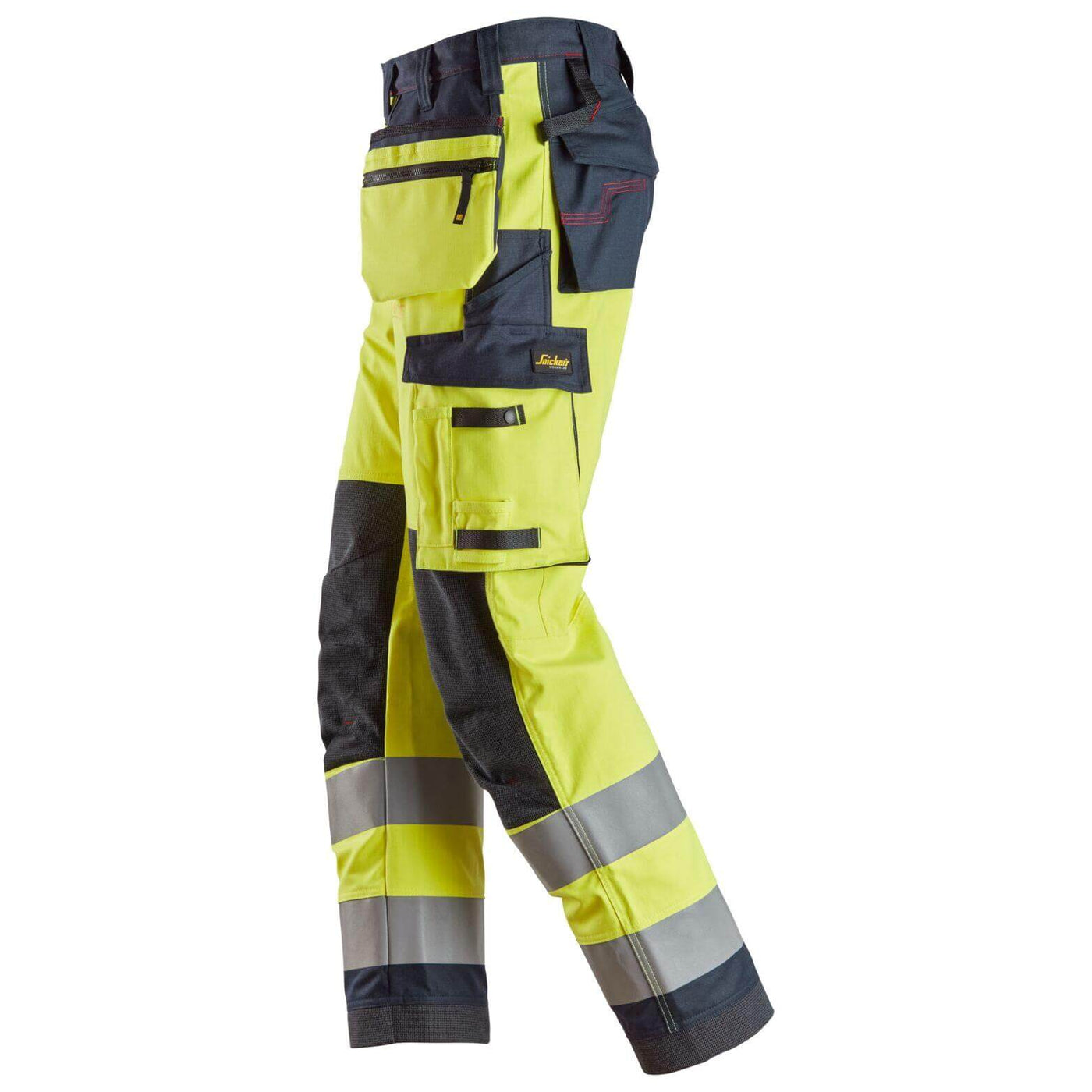 Snickers 6261 ProtecWork Hi Vis Work Trousers with Holster Pockets and Equal Leg Pockets Class 2 Hi Vis Yellow Navy Blue left3710007 #colour_hi-vis-yellow-navy-blue