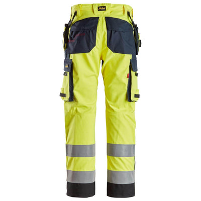 Snickers 6264 ProtecWork Hi Vis Trousers with Reinforced Shin and Holster Pockets Class 2 Hi Vis Yellow Navy Blue back3823268 #colour_hi-vis-yellow-navy-blue
