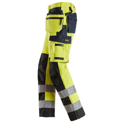 Snickers 6264 ProtecWork Hi Vis Trousers with Reinforced Shin and Holster Pockets Class 2 Hi Vis Yellow Navy Blue left3823269 #colour_hi-vis-yellow-navy-blue