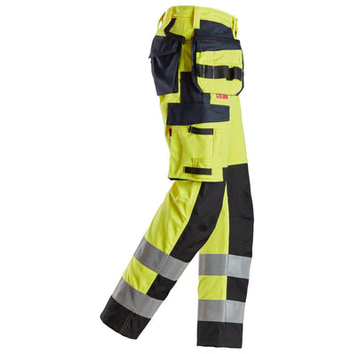Snickers 6264 ProtecWork Hi Vis Trousers with Reinforced Shin and Holster Pockets Class 2 Hi Vis Yellow Navy Blue right3710044 #colour_hi-vis-yellow-navy-blue