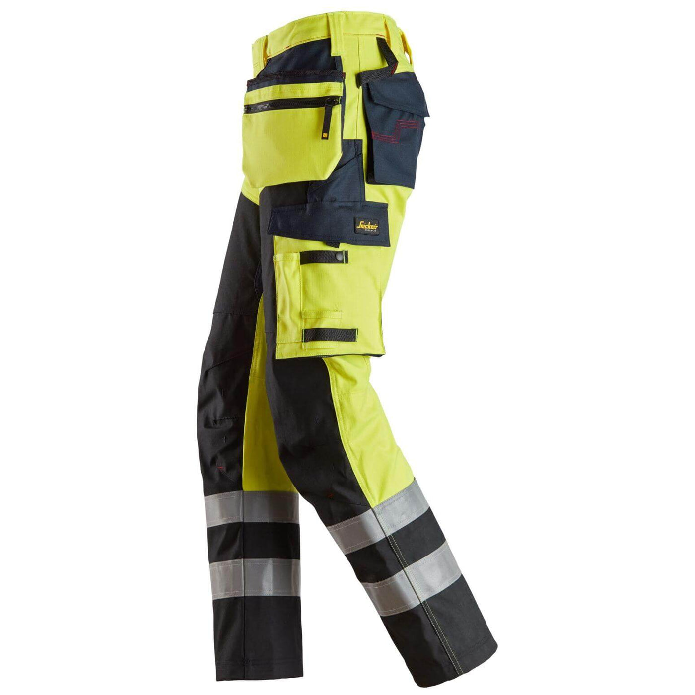 Snickers 6265 ProtecWork Hi Vis Trousers with Reinforced Front of Leg and Holster Pockets Class 1 Hi Vis Yellow Navy Blue left3823273 #colour_hi-vis-yellow-navy-blue