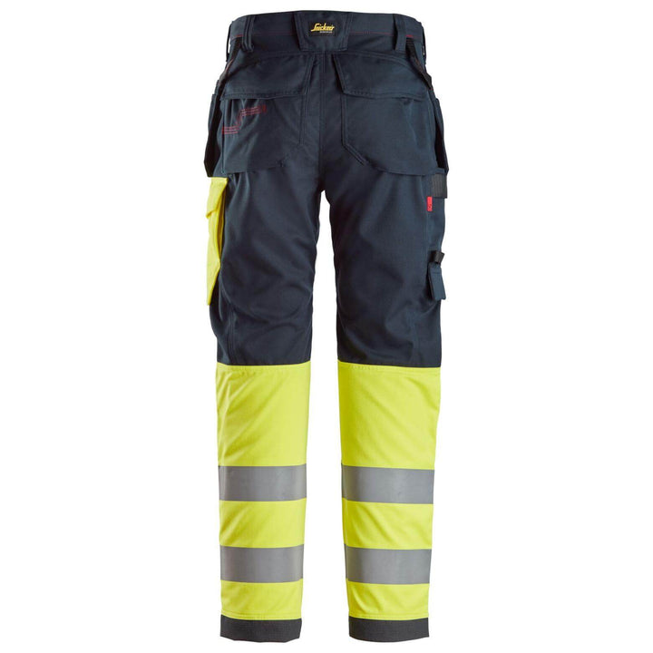 Snickers 6276 ProtecWork Hi Vis Work Trousers Holster Pockets Class 1 Navy Hi Visibilty Yellow back #colour_navy-hi-visibilty-yellow