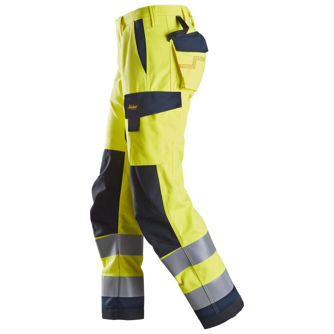 Snickers 6360 ProtecWork Hi Vis Work Trousers Class 2 Hi Vis Yellow Navy Blue left #colour_hi-vis-yellow-navy-blue