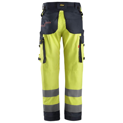 Snickers 6361 ProtecWork Hi Vis Work Trousers with Equal Leg Pockets Class 2 Hi Vis Yellow Navy Blue back #colour_hi-vis-yellow-navy-blue