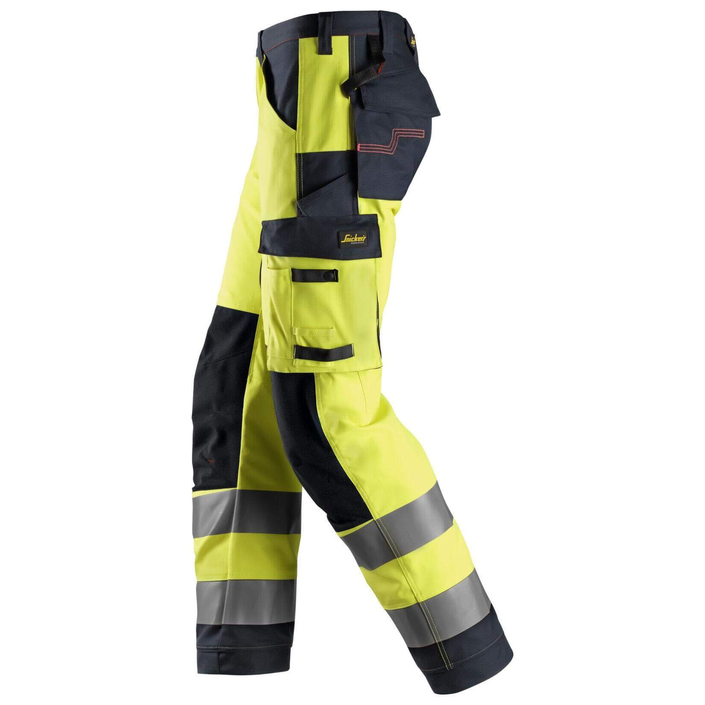 Snickers 6361 ProtecWork Hi Vis Work Trousers with Equal Leg Pockets Class 2 Hi Vis Yellow Navy Blue left #colour_hi-vis-yellow-navy-blue