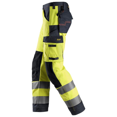 Snickers 6361 ProtecWork Hi Vis Work Trousers with Equal Leg Pockets Class 2 Hi Vis Yellow Navy Blue left #colour_hi-vis-yellow-navy-blue