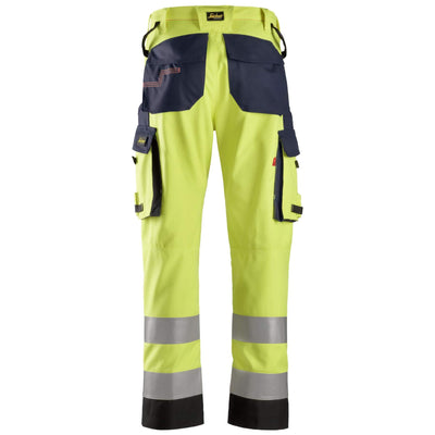 Snickers 6364 ProtecWork Hi Vis Trousers with Reinforced Shin Class 2 Hi Vis Yellow Navy Blue back #colour_hi-vis-yellow-navy-blue