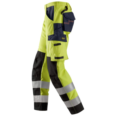 Snickers 6364 ProtecWork Hi Vis Trousers with Reinforced Shin Class 2 Hi Vis Yellow Navy Blue left #colour_hi-vis-yellow-navy-blue