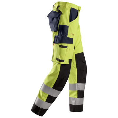 Snickers 6364 ProtecWork Hi Vis Trousers with Reinforced Shin Class 2 Hi Vis Yellow Navy Blue right #colour_hi-vis-yellow-navy-blue