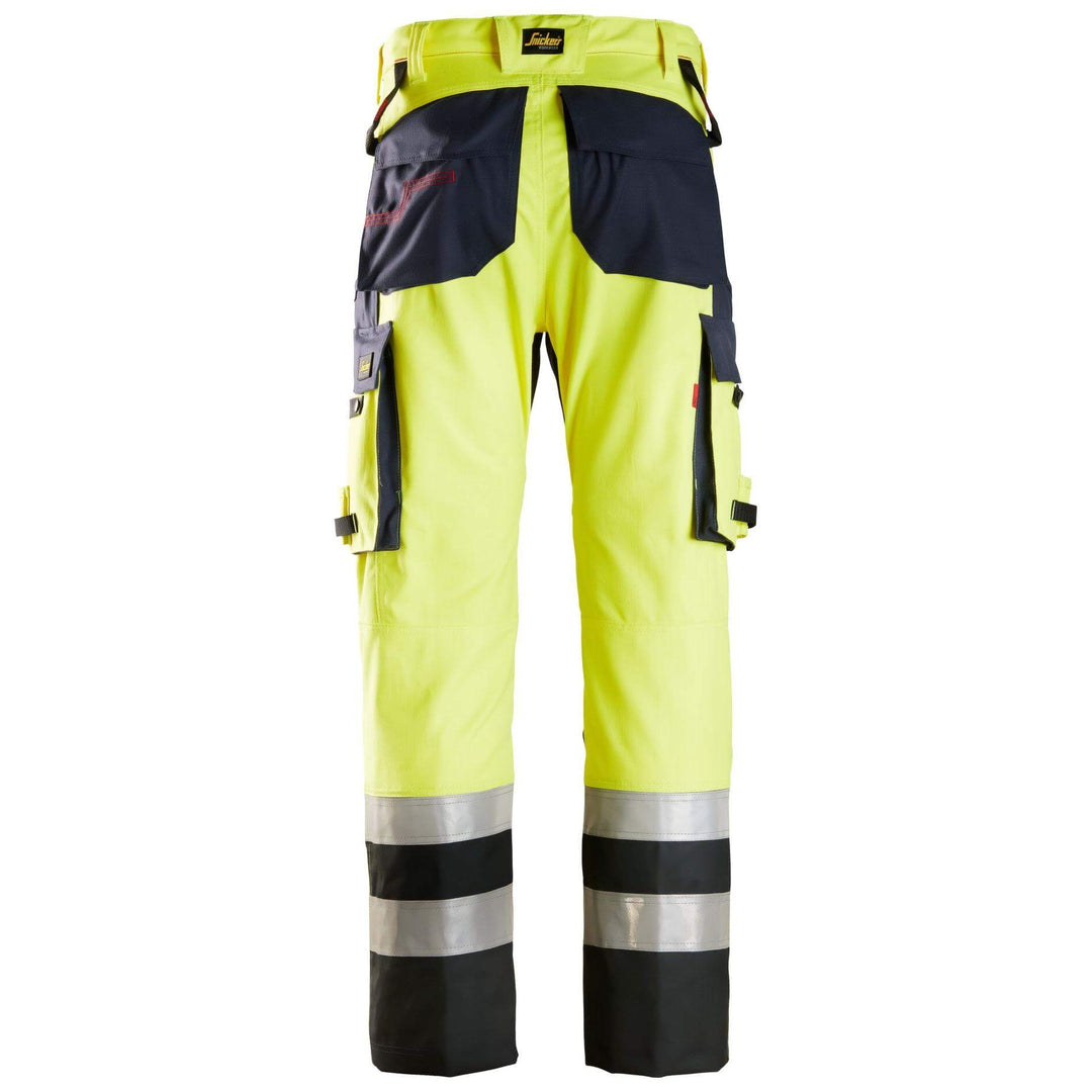 Snickers 6365 ProtecWork Hi Vis Trousers with Reinforced Front of Leg Class 1 Hi Vis Yellow Navy Blue back #colour_hi-vis-yellow-navy-blue