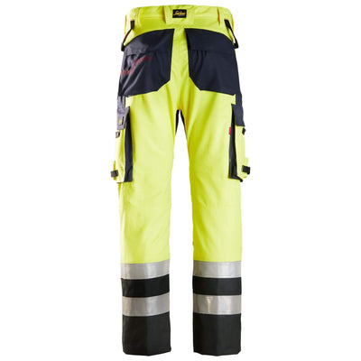 Snickers 6365 ProtecWork Hi Vis Trousers with Reinforced Front of Leg Class 1 Hi Vis Yellow Navy Blue back #colour_hi-vis-yellow-navy-blue