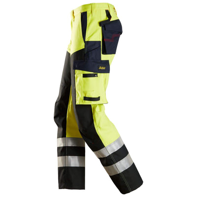 Snickers 6365 ProtecWork Hi Vis Trousers with Reinforced Front of Leg Class 1 Hi Vis Yellow Navy Blue left #colour_hi-vis-yellow-navy-blue