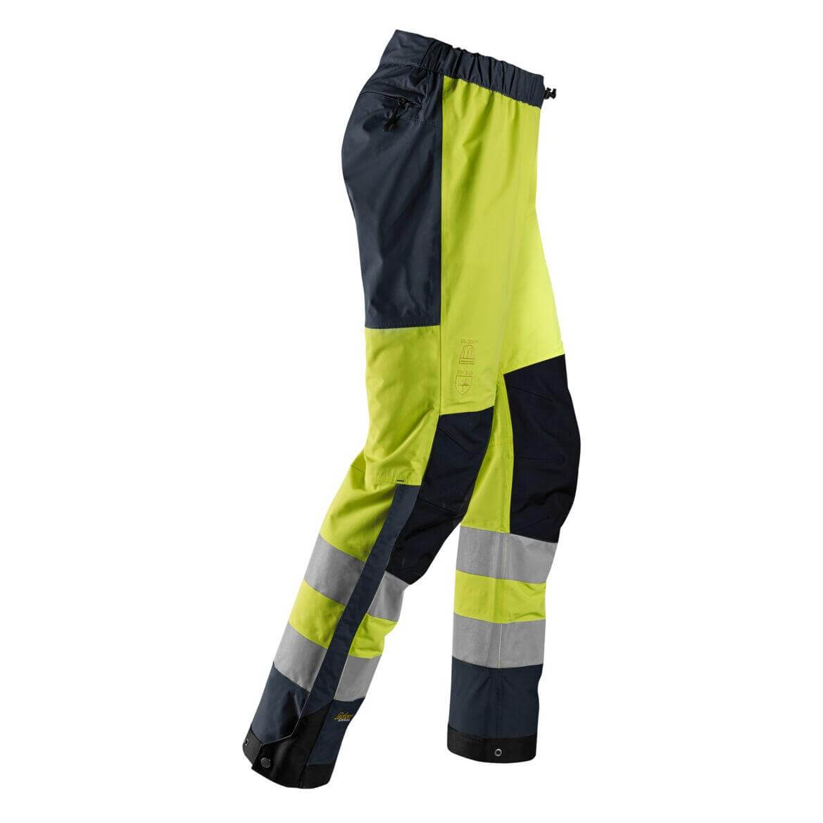 Snickers 6530 Hi Vis Waterproof Shell Over Trousers Class 2 Hi Vis Yellow Navy Blue right #colour_hi-vis-yellow-navy-blue