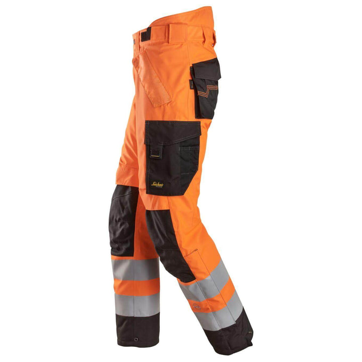 Snickers 6630 Hi Vis Waterproof 37.5 Winter 2 Layer Light Padded Trousers Class 2 Hi Vis Orange Black left #colour_hi-vis-orange-black