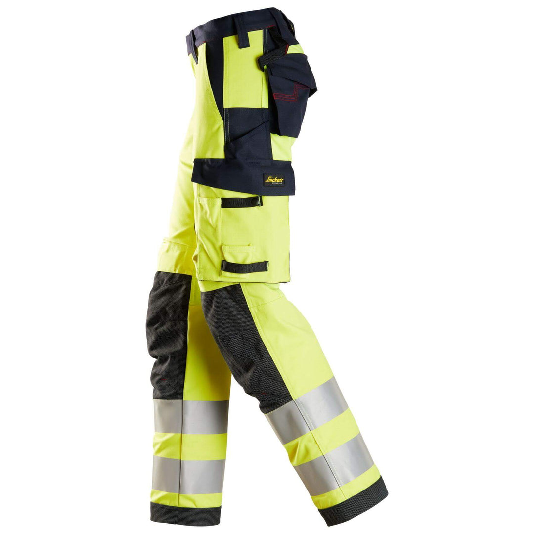 Snickers 6760 ProtecWork Hi Vis Womens Trousers Class 2 Hi Vis Yellow Navy Blue left #colour_hi-vis-yellow-navy-blue