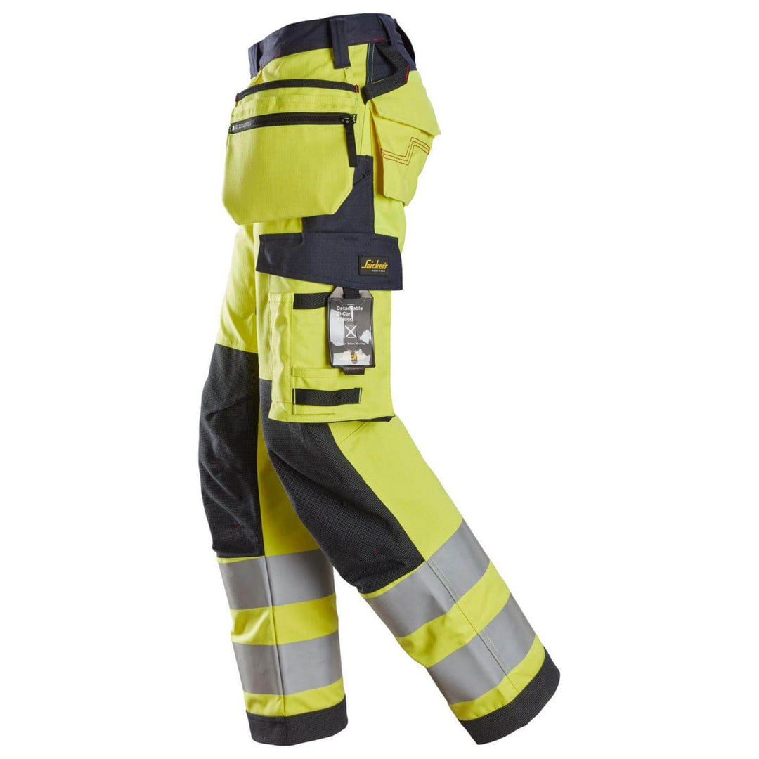 Snickers 6797 ProtecWork Womens Hi Vis Trousers with Holster Pockets Class 2 Hi Vis Yellow Navy Blue left #colour_hi-vis-yellow-navy-blue