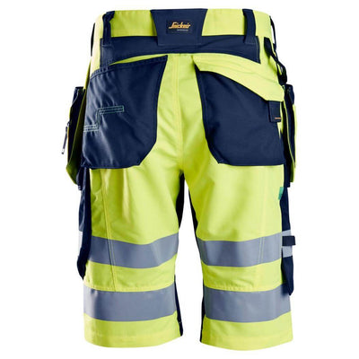 Snickers 6933 Lightweight Hi Vis Shorts with Holster Pockets Class 1 Hi Vis Yellow Navy Blue back #colour_hi-vis-yellow-navy-blue