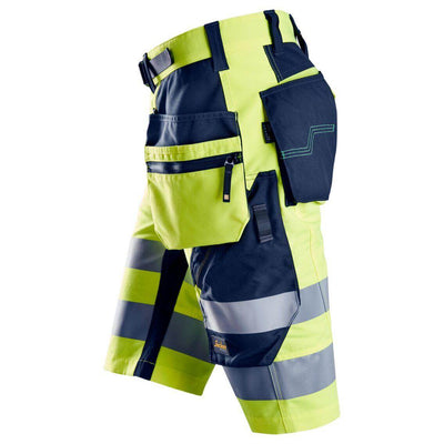 Snickers 6933 Lightweight Hi Vis Shorts with Holster Pockets Class 1 Hi Vis Yellow Navy Blue left #colour_hi-vis-yellow-navy-blue