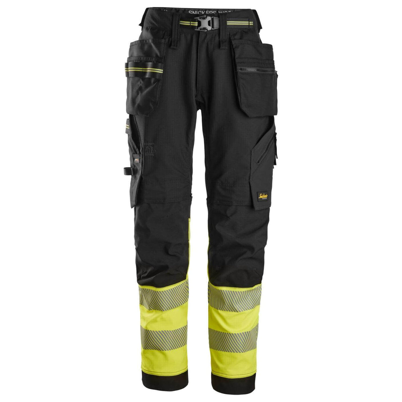 Snickers 6934 Hi Vis Slim Fit Stretch Work Trousers with Holster Pockets Class 1 Black Hi Vis Yellow Main #colour_black-hi-vis-yellow