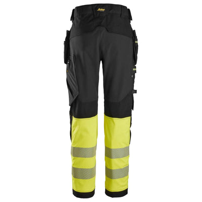 Snickers 6934 Hi Vis Slim Fit Stretch Work Trousers with Holster Pockets Class 1 Black Hi Vis Yellow back #colour_black-hi-vis-yellow