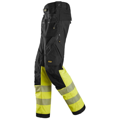 Snickers 6934 Hi Vis Slim Fit Stretch Work Trousers with Holster Pockets Class 1 Black Hi Vis Yellow left #colour_black-hi-vis-yellow