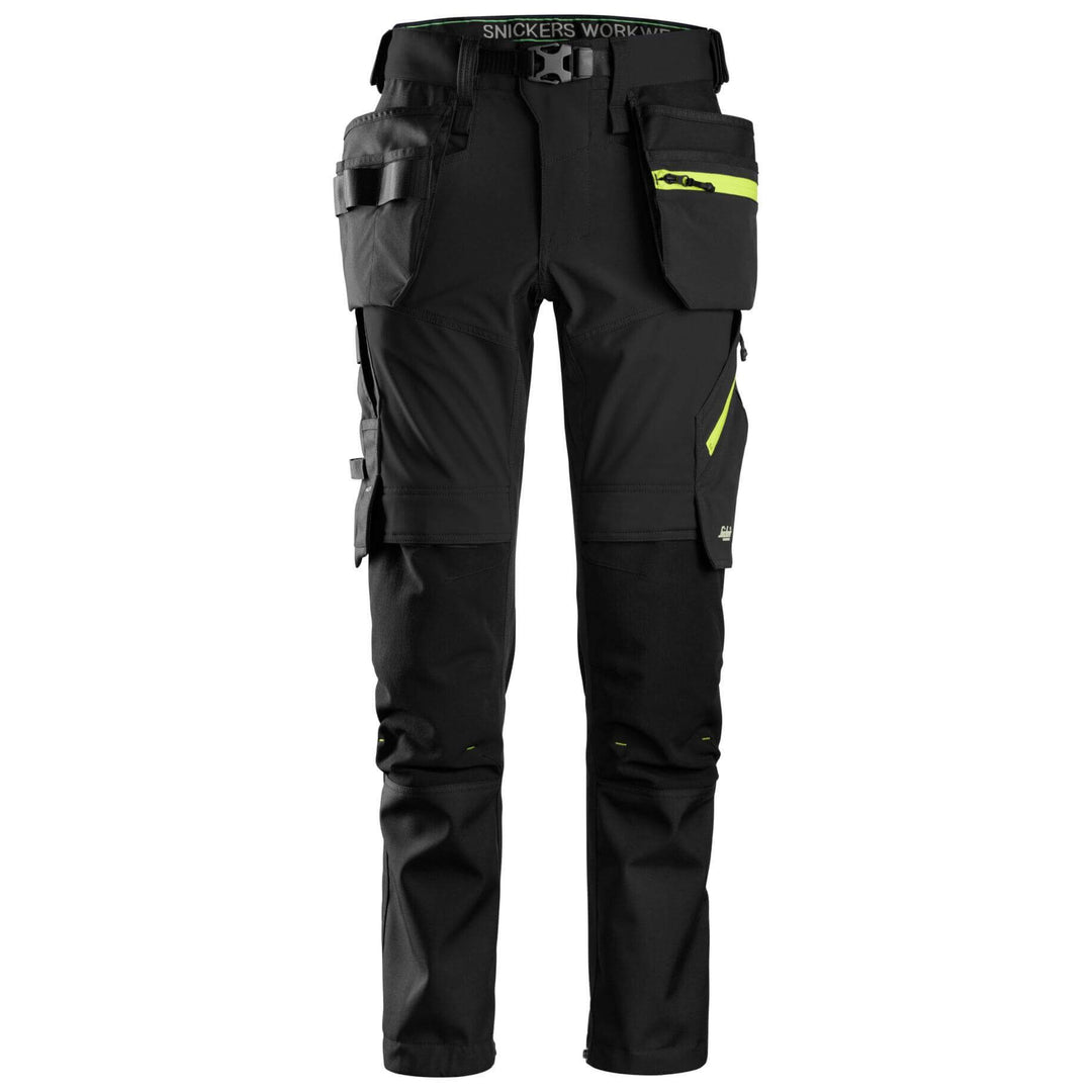 Snickers 6940 FlexiWork Slim fit Softshell Stretch Trousers with Holster Pockets Black Neon Yellow Main #colour_black-neon-yellow