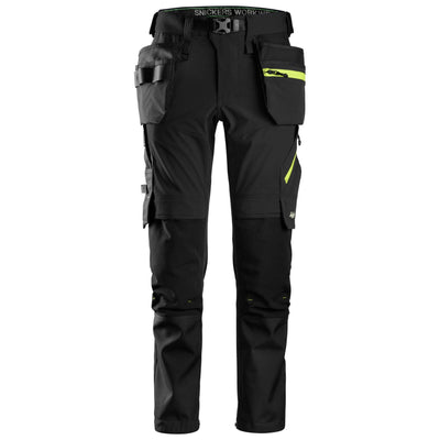 Snickers 6940 FlexiWork Slim fit Softshell Stretch Trousers with Holster Pockets Black Neon Yellow Main #colour_black-neon-yellow