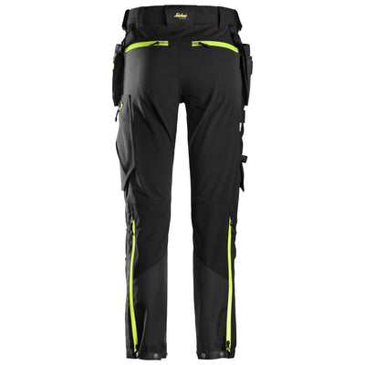 Snickers 6940 FlexiWork Slim fit Softshell Stretch Trousers with Holster Pockets Black Neon Yellow back #colour_black-neon-yellow
