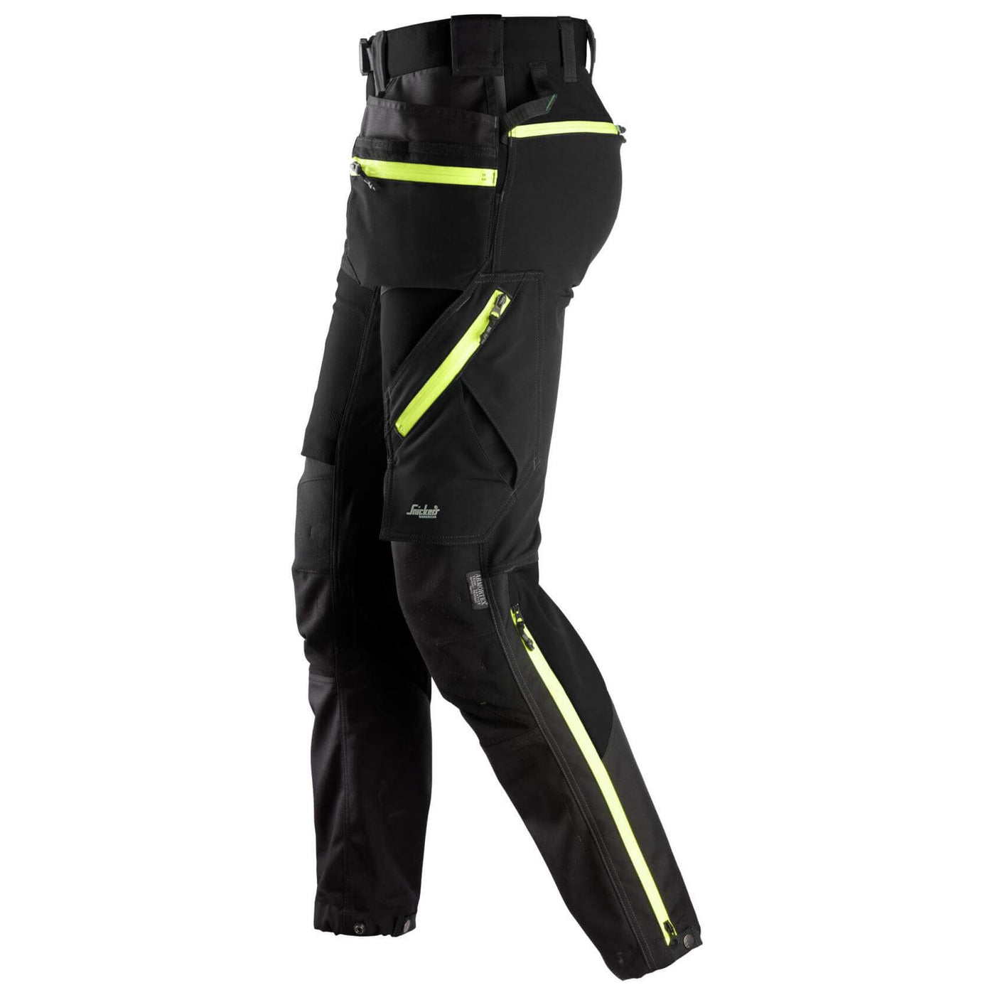 Snickers 6940 FlexiWork Slim fit Softshell Stretch Trousers with Holster Pockets Black Neon Yellow left #colour_black-neon-yellow