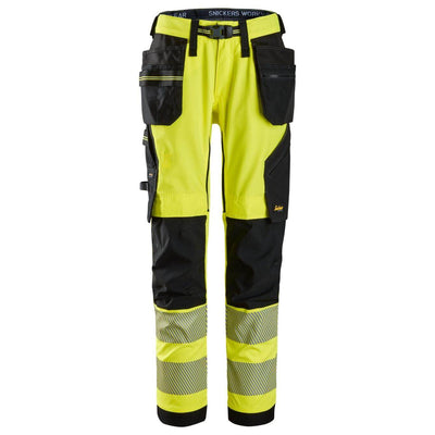 Snickers 6943 Hi Vis Slim Fit Stretch Trousers with Holster Pockets Class 2 Hi Vis Yellow Black Main #colour_hi-vis-yellow-black