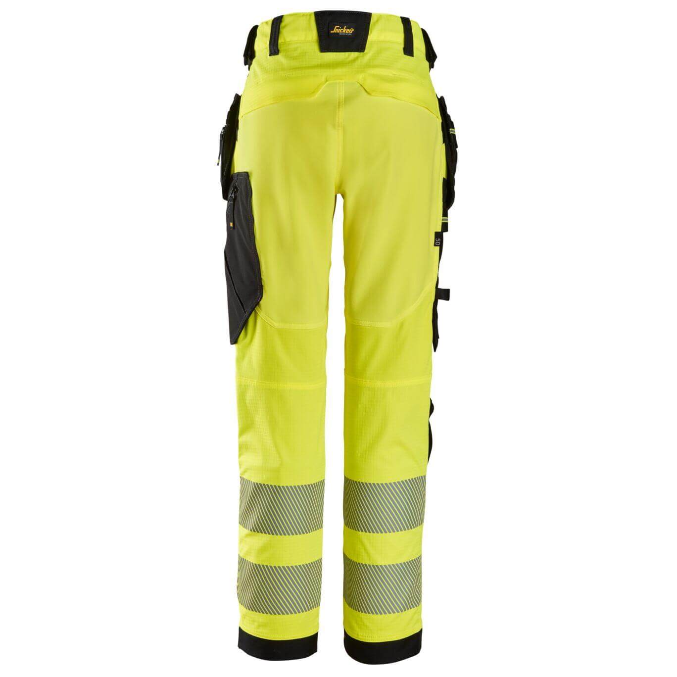 Snickers 6943 Hi Vis Slim Fit Stretch Trousers with Holster Pockets Class 2 Hi Vis Yellow Black back #colour_hi-vis-yellow-black