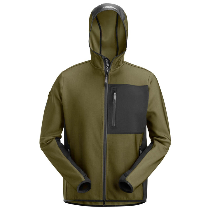 Snickers 8044 FlexiWork Full Zip Midlayer Hoodie Khaki Green Black Main #colour_khaki-green-black