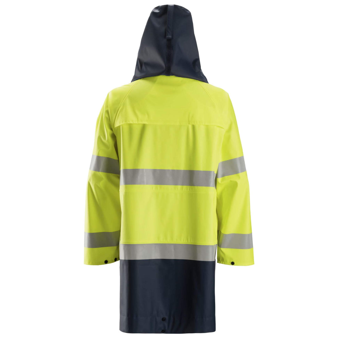 Snickers 8261 ProtecWork FR Hi Vis Waterproof PU Rain Jacket Class 3 Hi Vis Yellow Navy Blue back #colour_hi-vis-yellow-navy-blue