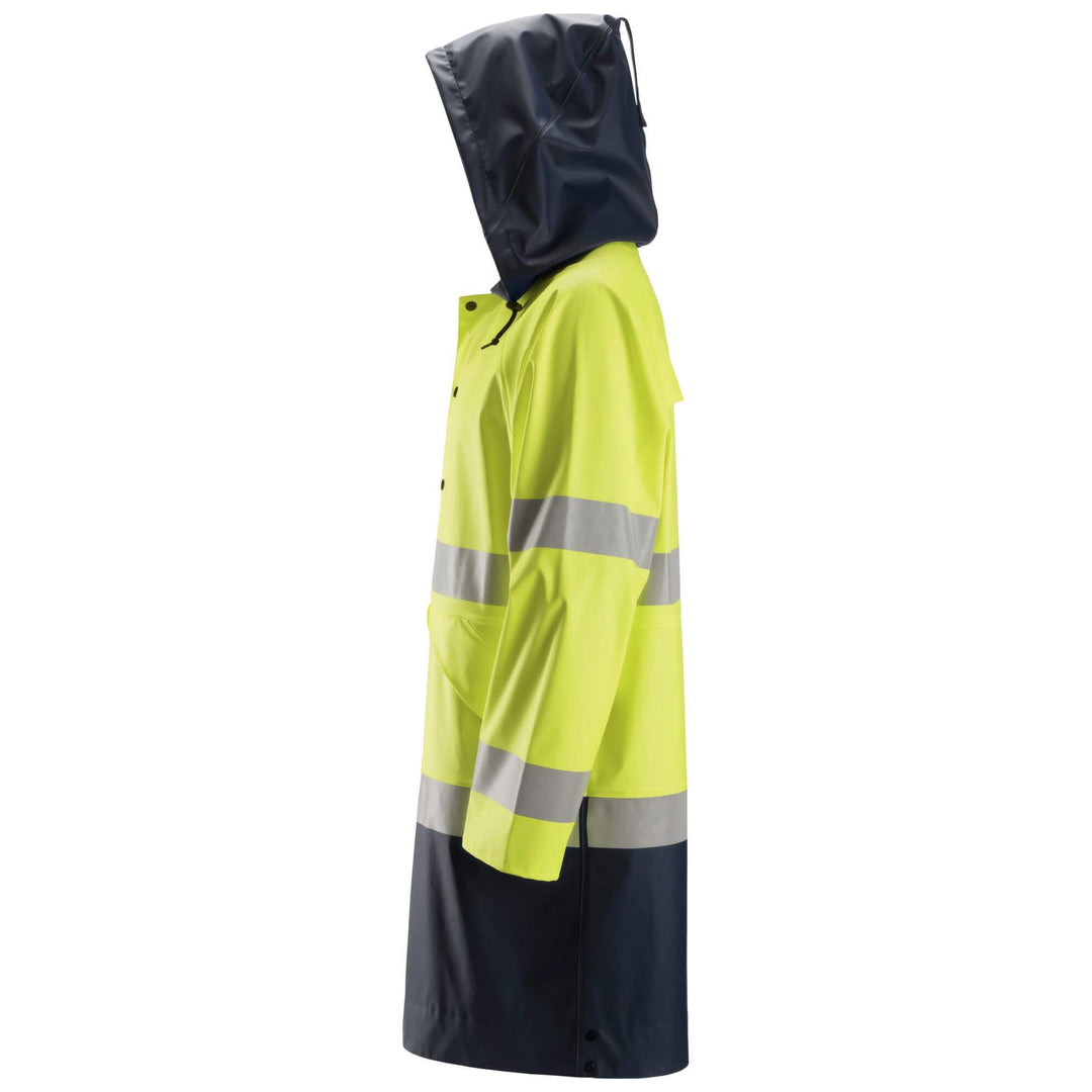 Snickers 8261 ProtecWork FR Hi Vis Waterproof PU Rain Jacket Class 3 Hi Vis Yellow Navy Blue left #colour_hi-vis-yellow-navy-blue