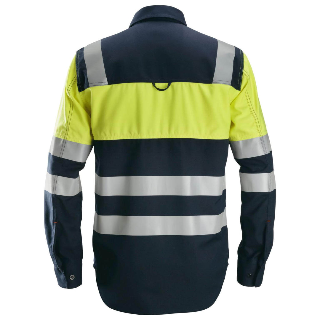 Snickers 8560 ProtecWork Hi Vis FR Long Sleeve Shirt Class 1 Navy Hi Visibilty Yellow Back #colour_navy-hi-visibilty-yellow