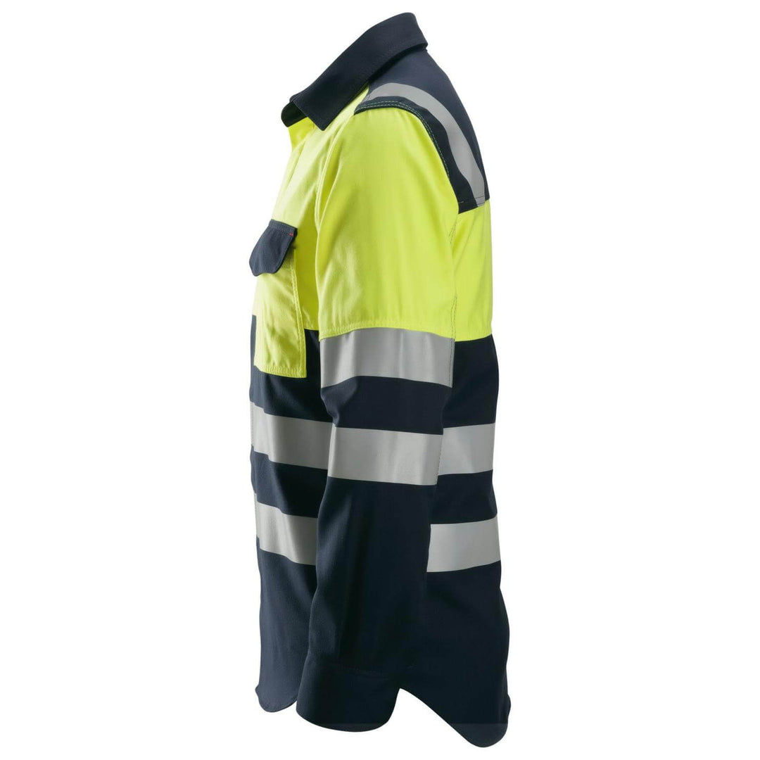 Snickers 8560 ProtecWork Hi Vis FR Long Sleeve Shirt Class 1 Navy Hi Visibilty Yellow left #colour_navy-hi-visibilty-yellow