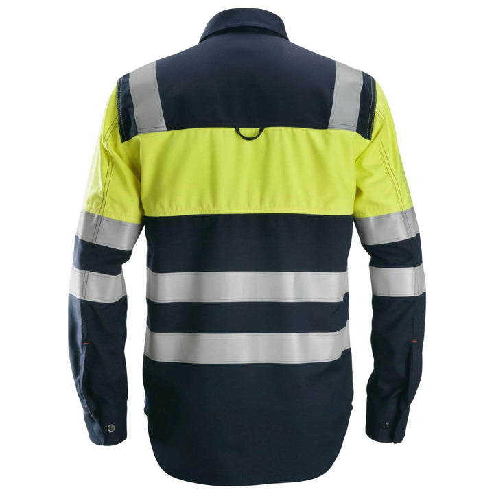 Snickers 8563 ProtecWork Hi Vis Long Sleeve FR Welding Shirt Class 1 Navy Hi Visibilty Yellow Back #colour_navy-hi-visibilty-yellow