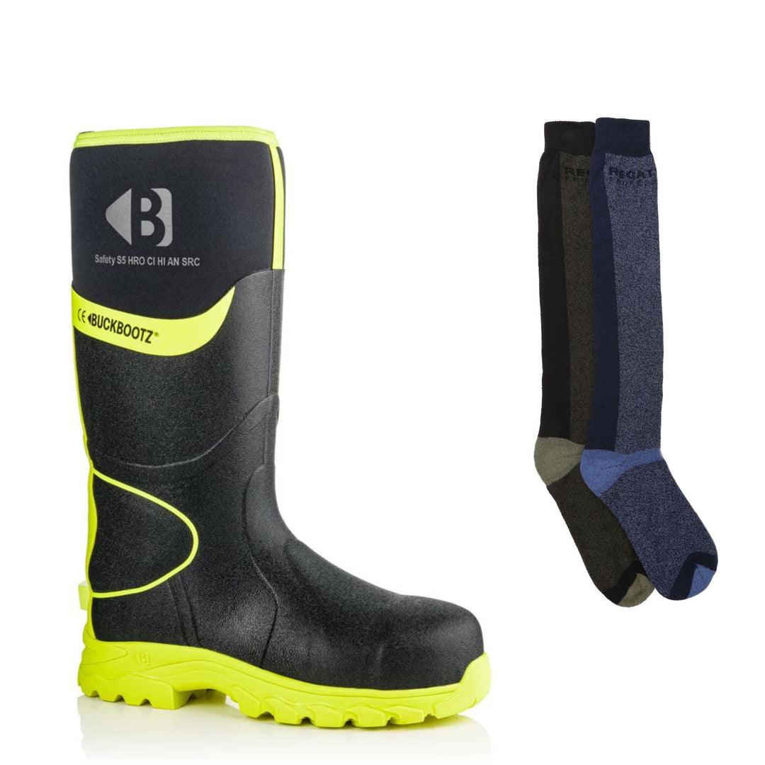 Buckbootz BBZ8000 Special Offer Pack - Buckler Neoprene Safety Wellington Boots + 2 Pairs Wellies Socks