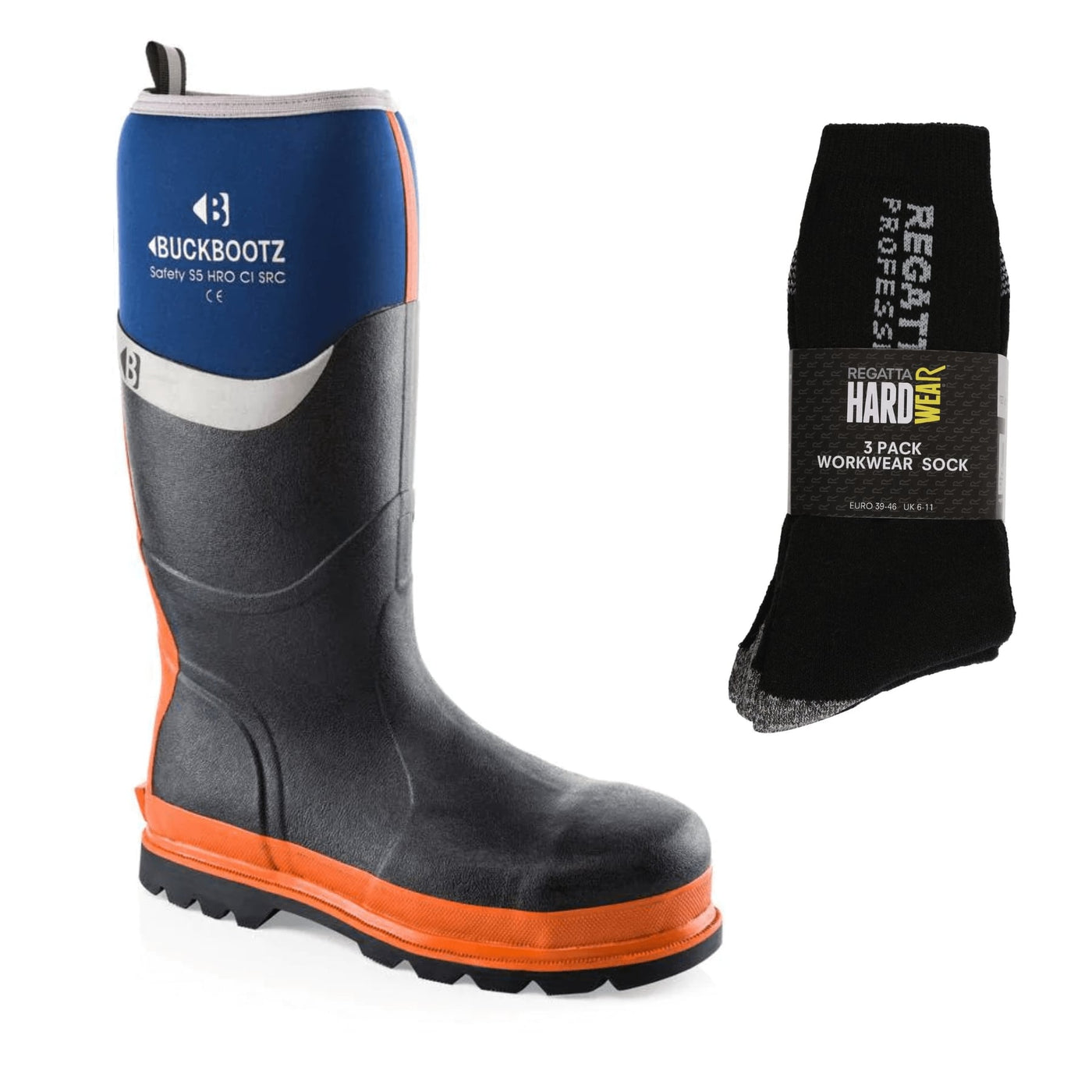 Buckbootz BBZ6000 Special Offer Pack - Buckler Insulated Neoprene Safety Wellington Boots + 2 Pack Wellies Socks