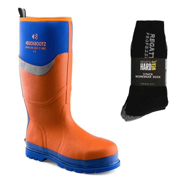 Buckbootz BBZ6000 Special Offer Pack - Buckler Insulated Neoprene Safety Wellington Boots + 2 Pack Wellies Socks