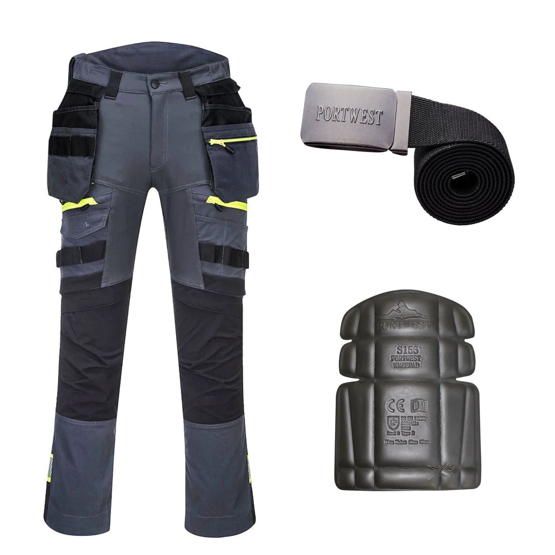 Portwest Special Offer DX440 DX4 Trousers Pack - Detachable Holster Pocket Trousers + Belt + Knee Pads